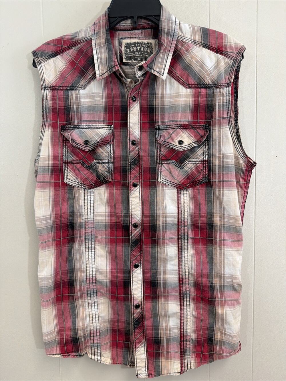 BKE Vintage 1967 Mens Plaid Sleeveless Western Pearl Snap Shirt Red Black M